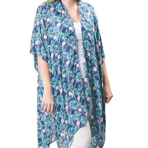 Kari Printed Lightweight Kimono Wrap Shawl Blue Pink Tropical Flamingo